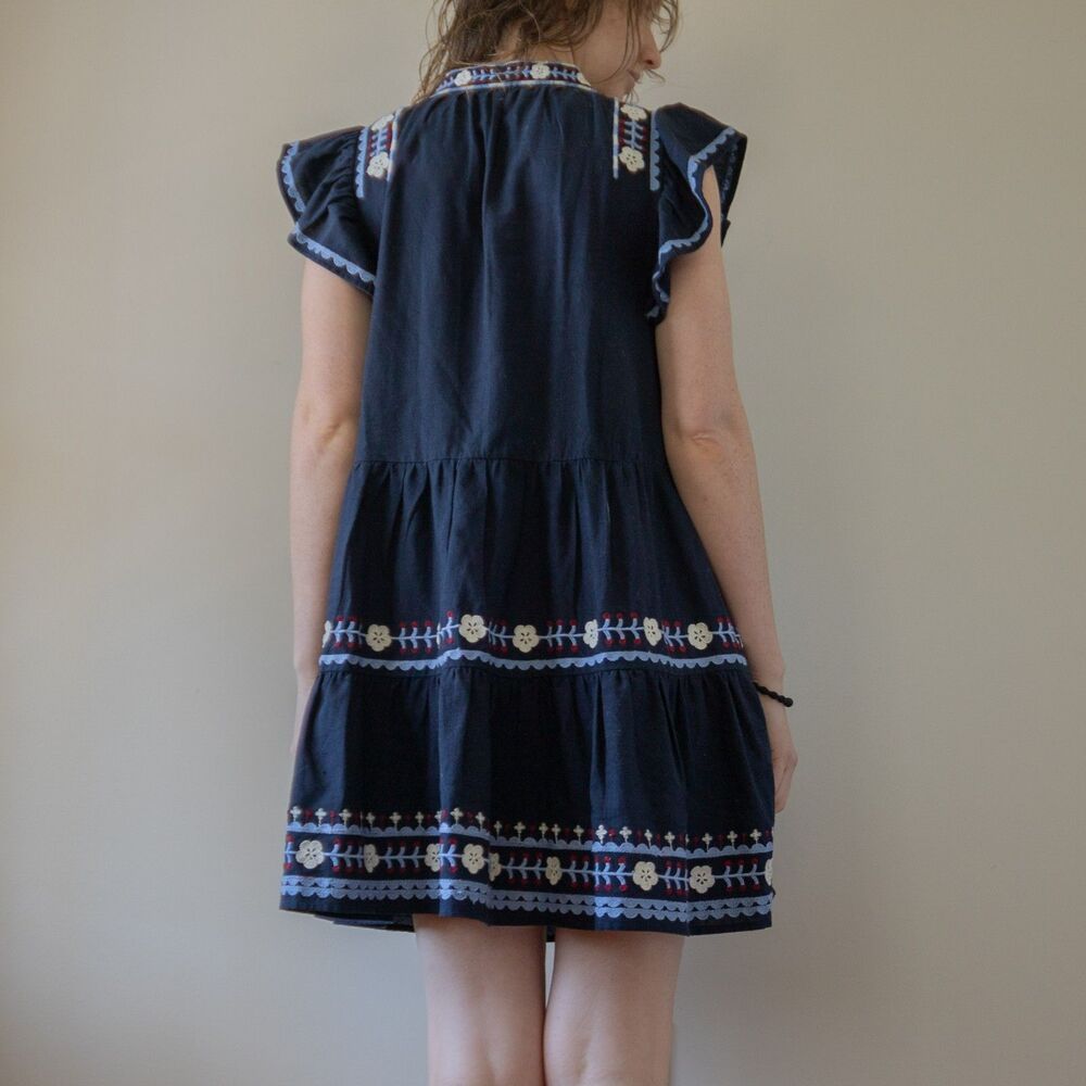 Navy Blue SEA Embroidered Ruffle Summer Shaina Flutter Fourth of July Mini Dress - Picture 2 of 10